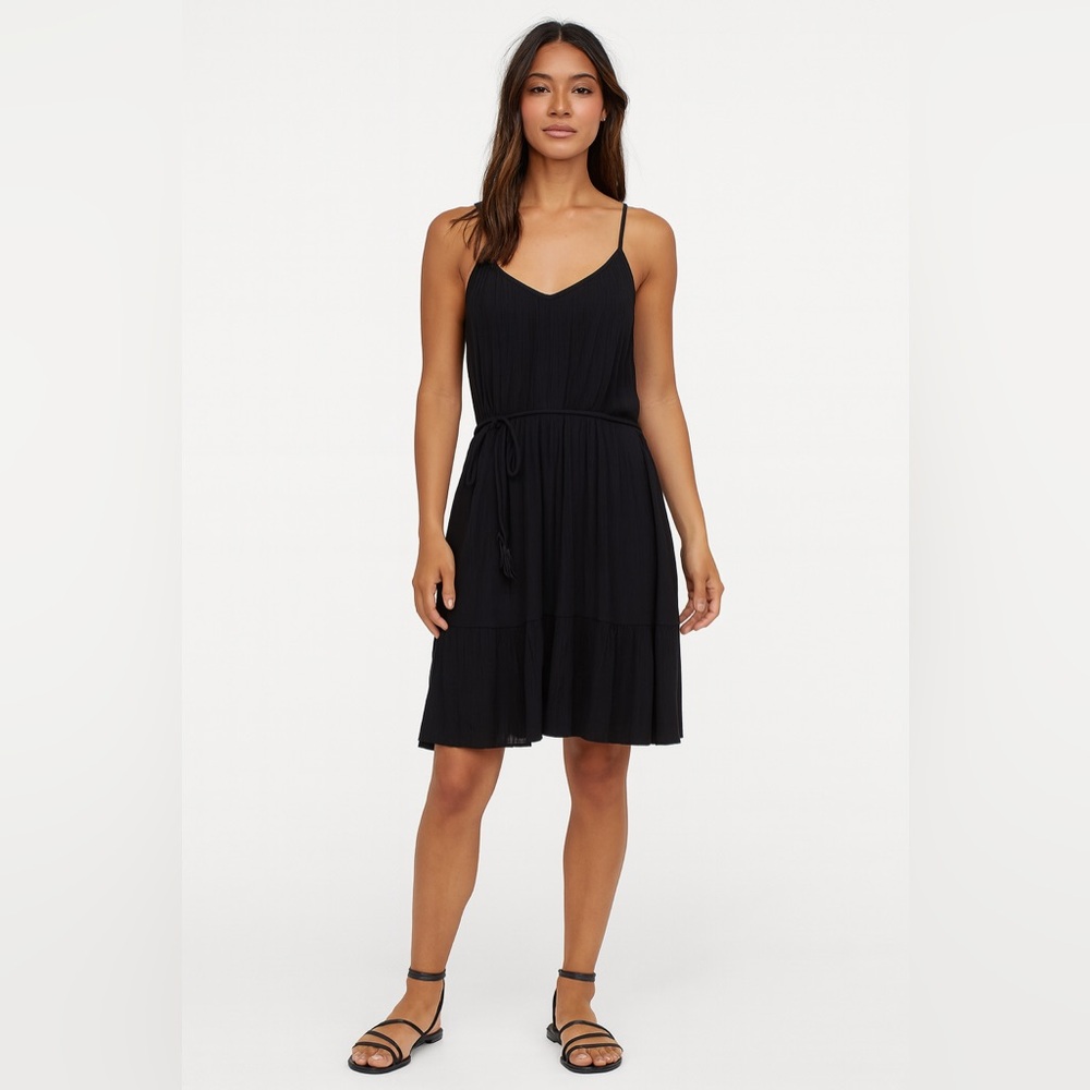 H&M LOGG Line Women’s Classic Black Midi Gauze Boho Dress Tassel Tie Size Small
